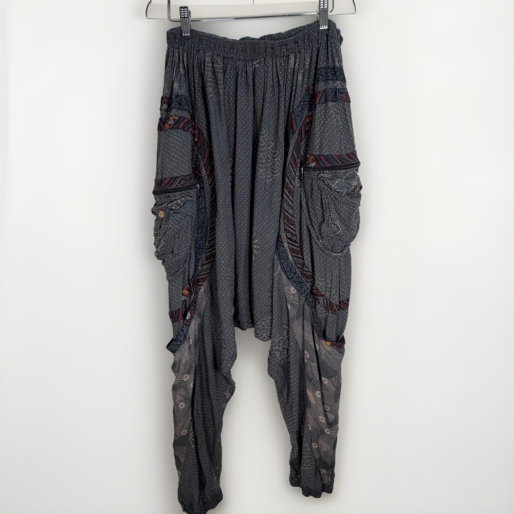 Boho Harem Pants Womens Sz S / M Gray Cargo Festival Hippie Pull On Thailand